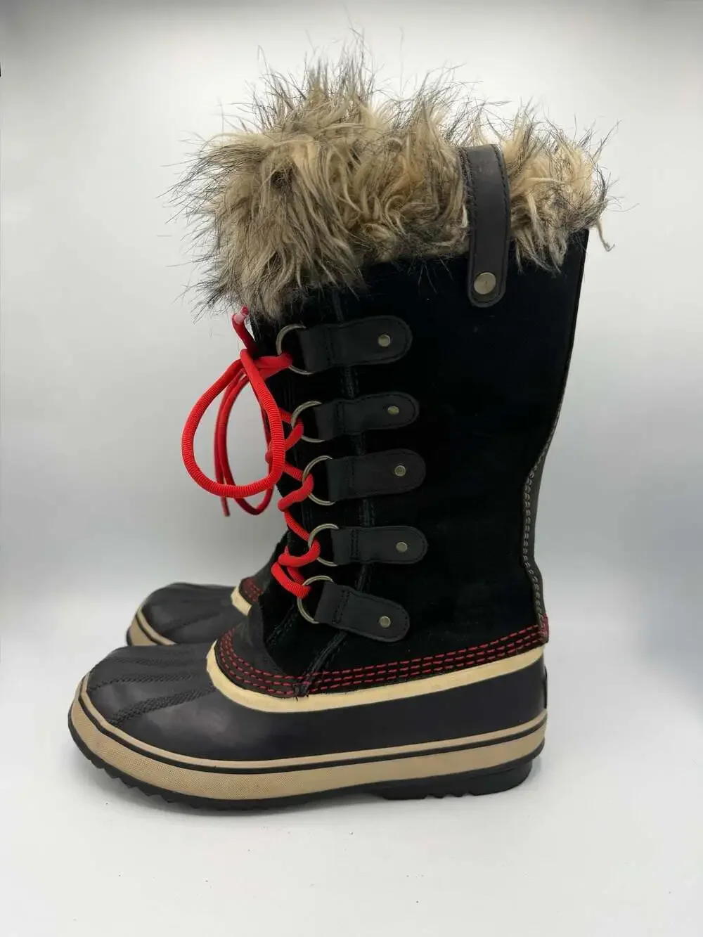 Sorel Womens Joan of Arctic Winter Boots Black Red Faux Fur Waterproof 7.5